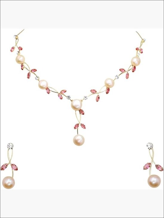 Jewelry - CZ Crystal Genuine Freshwater Pearls Floral Necklace Earrings Set Gold Plated
